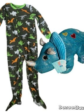 Sz 6 Boys Brown Dinosaur Footie Pajamas Carters W/ 22x11 Triceratops Plush